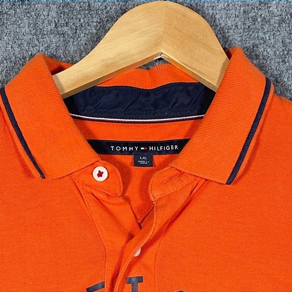 Tommy Hilfiger Polo Shirt Mens L Orange Logo Short Sleeve Cotton Casual #AB441 - Picture 3 of 10